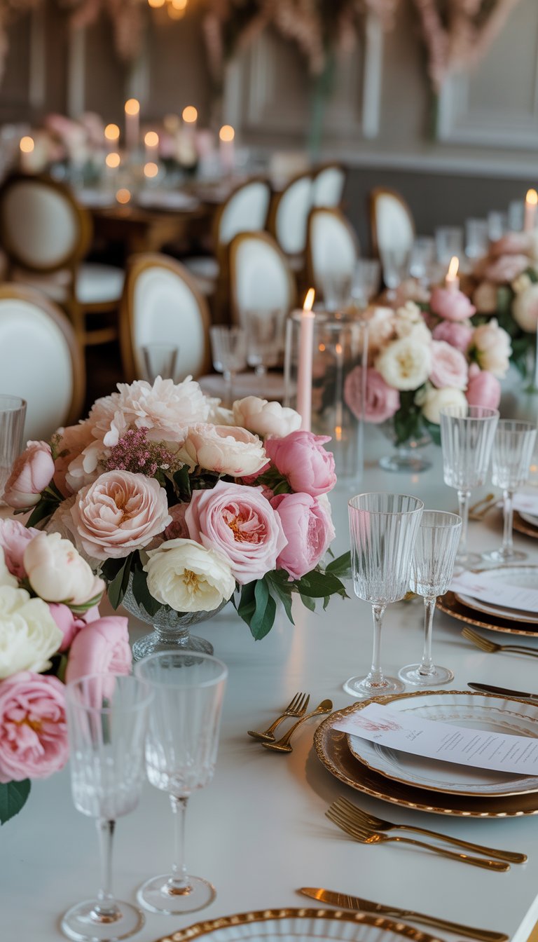 A wedding dinner table with floral centerpieces of roses and peonies, set with plates, glasses, and silverware in a decorated venue.
